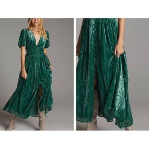 Anthropologie Puff Sleeve Burnout Green Velvet Maxi Dress NWOT